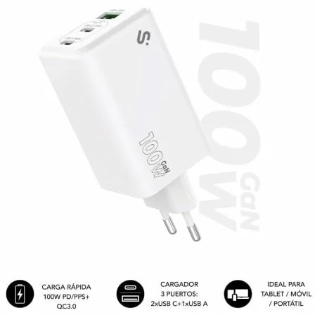 Cargador de Pared GaN Subblim 100W Charger USB C+C+A/ 2xUSB Tipo-C/ 1xUSB/ 100W - Imagen 2