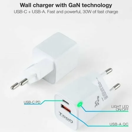 Cargador de Pared GaN TooQ TQWC-GANQCPD30WT/ 1xUSB Tipo-C/ 1xUSB/ 30W - Imagen 8