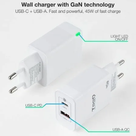 Cargador de Pared GaN TooQ TQWC-GANQCPD45WT/ 1xUSB Tipo-C/ 1xUSB/ 45W - Imagen 8