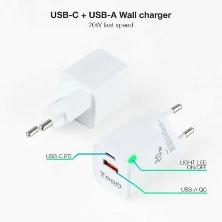 Cargador de Pared TooQ TQWC-QCPD20WT/ 1xUSB-Tipo C/ 1x USB/ 20W/ Blanco - Imagen 8