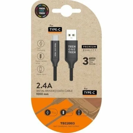 Cable USB 2.0 Tipo-C Tech One Tech TEC2003/ USB Tipo-C Macho - USB Macho/ 480Mbps/ 1m/ Negro