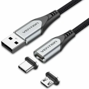 Cable de Carga Magnético USB Tipo-C con Adaptador MicroUSB Vention CQMHD/ MicroUSB Macho - USB Tipo-C Macho/ USB Macho/ Hasta 60W/ 480Mbps/ 50cm/ Gris