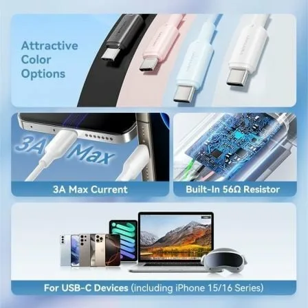 Cable USB 2.0 Tipo-C Vention CTQWF/ USB Tipo-C Macho - USB Macho/ Hasta 60W/ 480Mbps/ 1m/ Blanco - Imagen 8