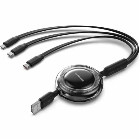 Cable USB Retráctil Vention TRJBBE/ USB Macho - Lightning/ 2xUSB Tipo-C/ Hasta 17.5W/ 10Gbps/ 1.1m/ Negro - Imagen 4