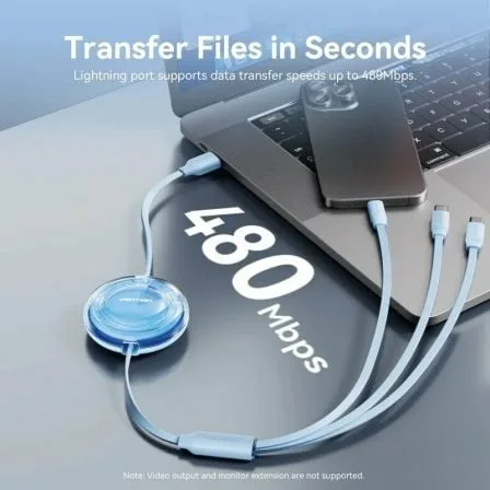 Cable USB Retráctil Vention TRJBBE/ USB Macho - Lightning/ 2xUSB Tipo-C/ Hasta 17.5W/ 10Gbps/ 1.1m/ Negro - Imagen 6