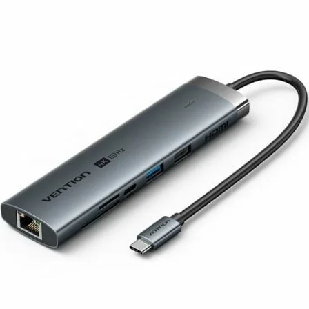 Docking USB Tipo-C Vention TGUHB/ RJ45/ 2xUSB/ 1xUSB Tipo-C/ 1xHDMI/ 1xUSB Tipo-C PD/ 1xLector de Tarjetas/ Gris - Imagen 4