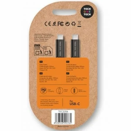 Cable USB 2.0 Tipo-C Tech One Tech TEC2206/ USB Tipo-C Macho - USB Tipo-C Macho/ Hasta 60W/ 480Mbps/ 1m/ Negro - Imagen 2