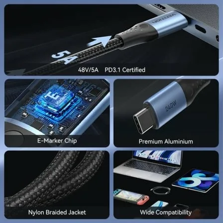 Cable USB 2.0 Tipo-C 5A Vention TREBH/ USB Tipo-C Macho - USB Tipo-C Macho/ Hasta 240W/ 480Mbps/ 2m/ Azul y Negro - Imagen 2