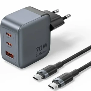 Cargador de Pared GaN Vention TZ-FEXH0-EU/ 2xUSB Tipo-C/ 1xUSB + Cable USB Tipo-C/ 70W