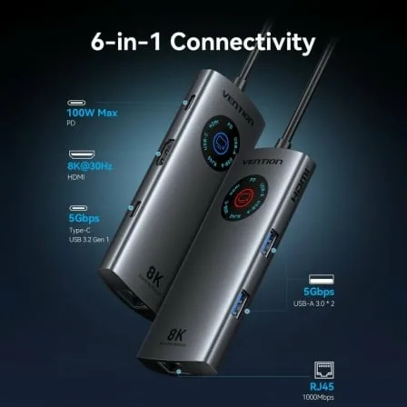 Docking USB Tipo-C Vention TQZHB/ RJ45/ 2xUSB/ 1xUSB Tipo-C/ 1xHDMI/ 1xUSB Tipo-C PD/ Gris - Imagen 2