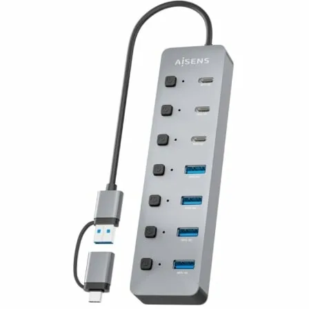 Hub USB Tipo-C + USB 3.1 Aisens ASUC-8P043-GR/ 4xUSB/ 3xUSB Tipo-C/ 1xUSB Tipo-C PD/ Gris - Imagen 3